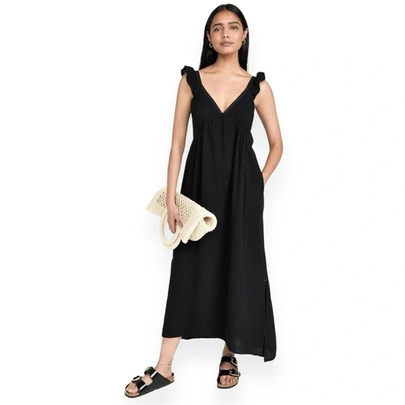 XiRENA Leyla Black Flutter Strap Cotton Gauze Lightweight Sleeveless Midi Dress